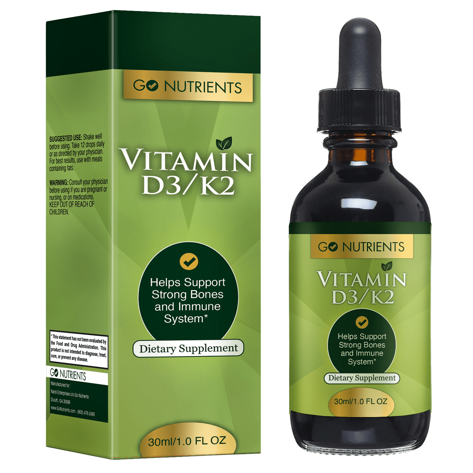 Vitamin D3 with K2 Liquid Drops All Natural Immune Support Go Nutrients